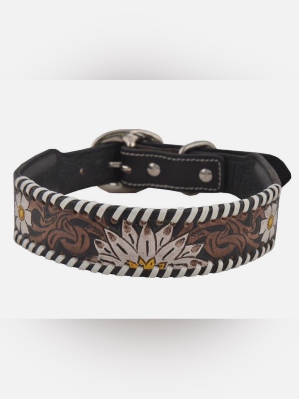 MYRA LEATHER DOG COLLAR HAND TOOLED OXY DAISY LEATHER WHITE BUCKSTITCH XL 22”-26